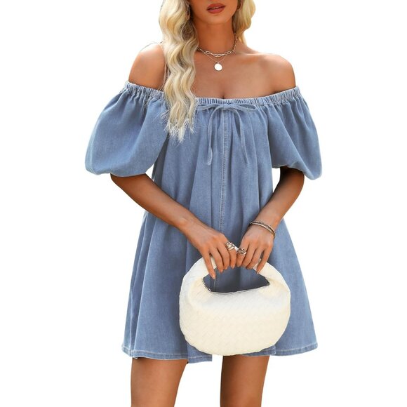 Denim Dress Women Short Sleeve Square Neck Pockets Casual Chic - Picture 3 of 7